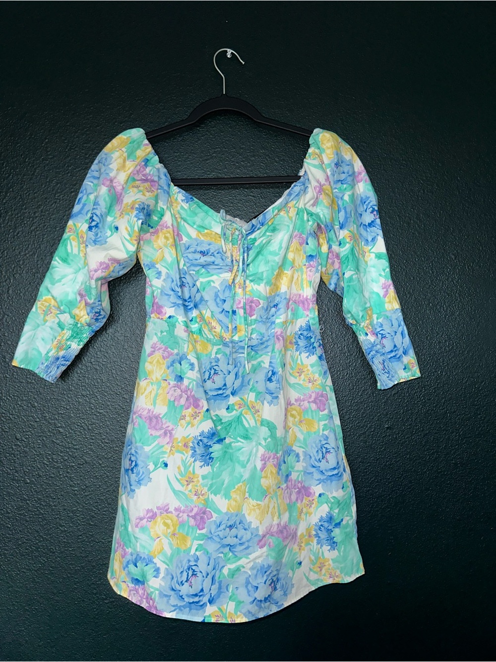 Zara Pastel Floral Puff-Sleeve Mini Dress in Blue, Green & Yellow